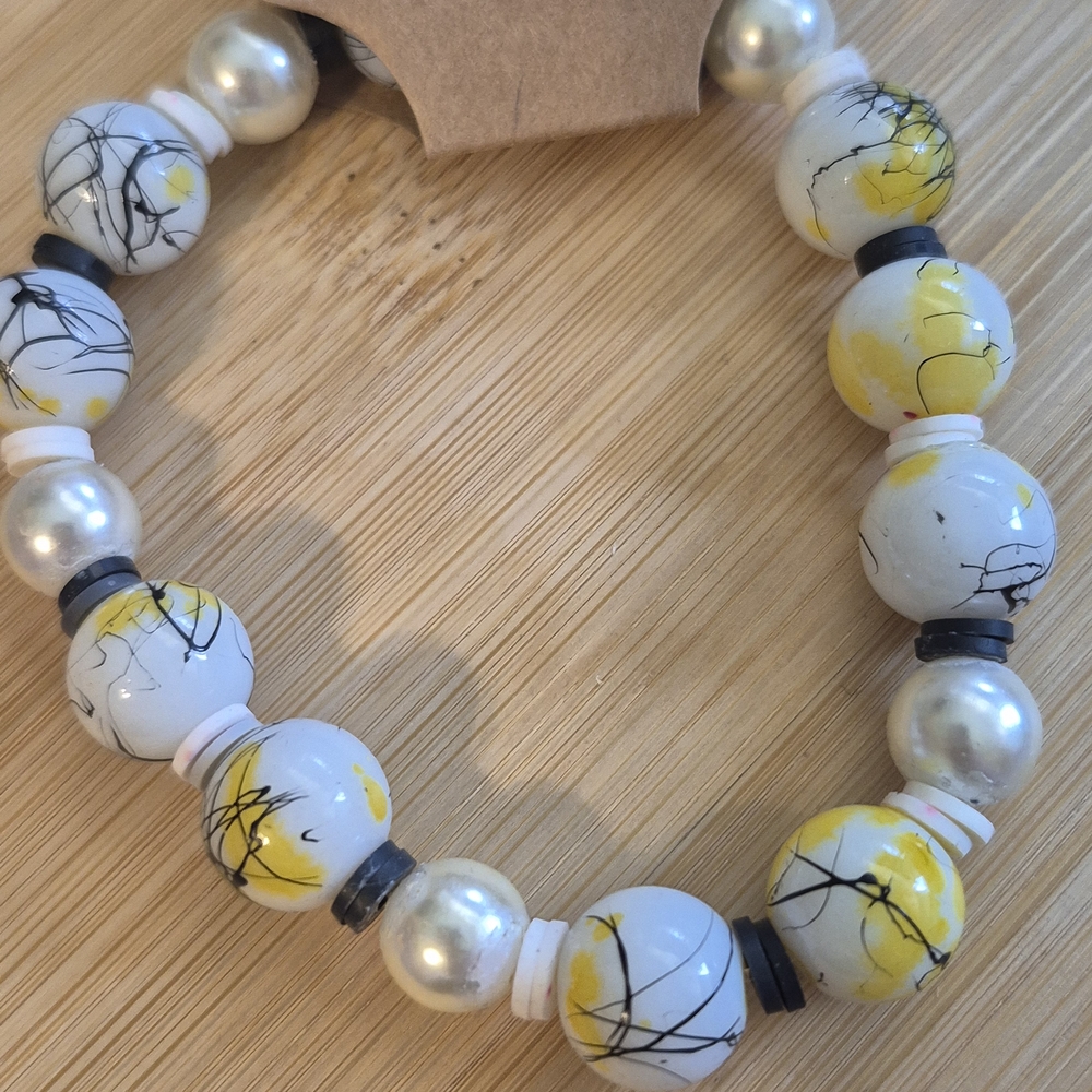 Yellow and Black Beaded Bracelet Glass And Acrylic Fits Large To Xlarge